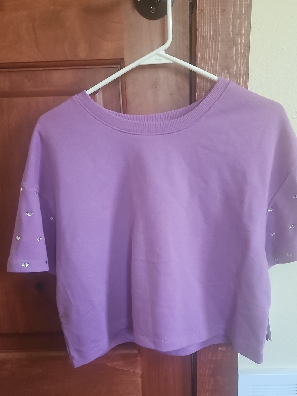 Size Xl Purple Mid Sleeve Girls Top Woth Rhinestones